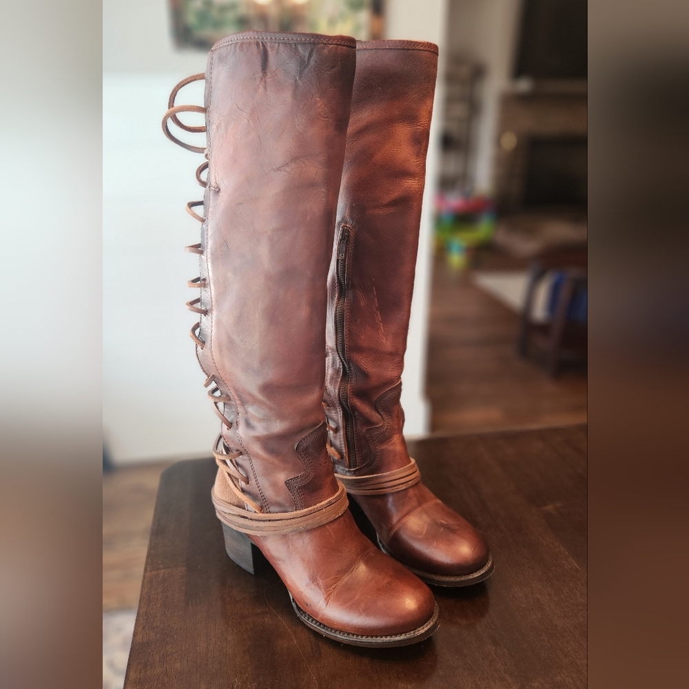 Freebird by Steven Brown Leather Knee-High Lace-Up Heeled Boots